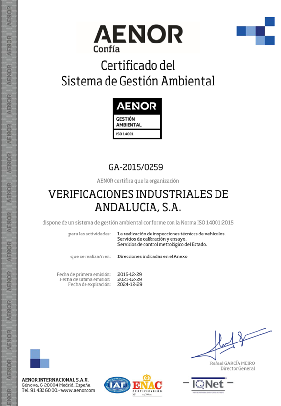 Certificado AENOR de Gestión Ambiental