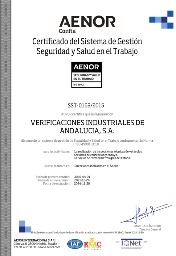 Certificado AENOR de Seguridad y Salud en el Trabajo