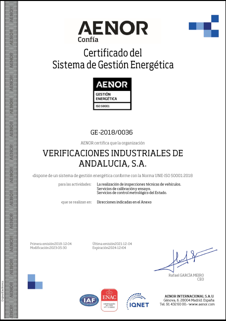 Certificado AENOR de la Gestión Energética
